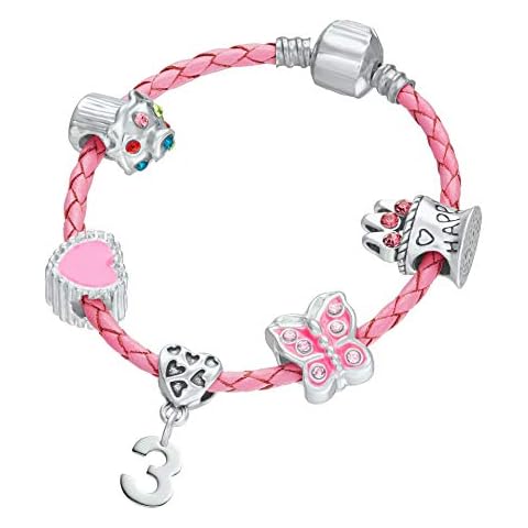 3rd Birthday Pink Leather Charm Bracelet for Girls with Gift Box (16) Cover