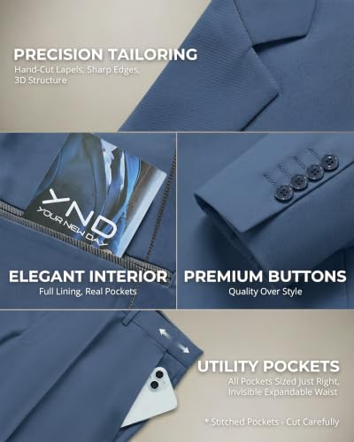 Image of YND Men's 3 Piece Suit with Tie, Solid Color Slim Fit Jacket Vest and Pants