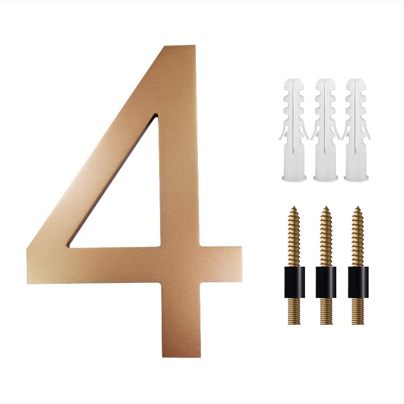 Hausnummer 8 Zoll große schwebende Hausnummern for draußen, 20 cm goldenes Adressschild, Hausnummern-Deko mit Nagel-Kits 0-9 ABCD Hausnummernschild(No. 4)