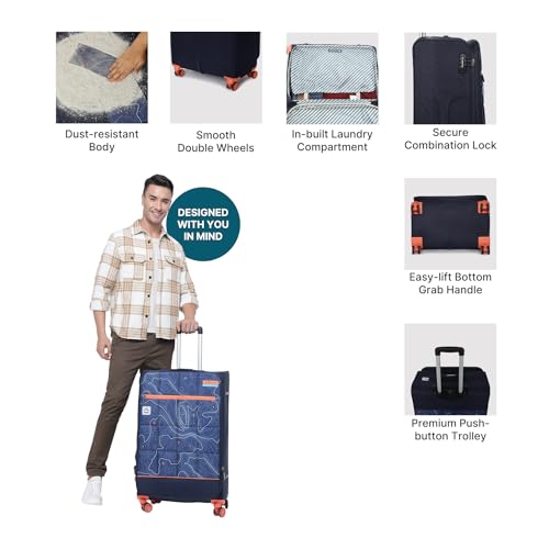 Image of uppercase Topolite 68 Cm Medium Polyester Soft-Sided 8 Spinner Check-In Trolley Bag Dust Resistant Eco-Soft Printed Luggage With Combination Lock, 2500 Days Warranty (Blue)