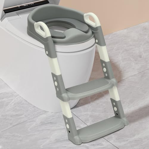 Kinder Toilettensitz mit Treppe abnehmbares PU-Kissen höhenverstellbar 27 Jahre klappbarer WC Sitz mit Leiter rutschfest & sicher für V/U/O Toiletten (Grau)