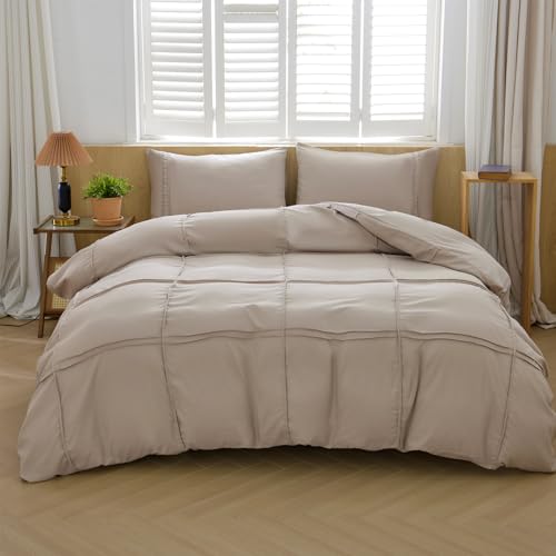 AiMay Duvet Cover Set Queen Size Pintuck Pleated Bedding Set 3 Pieces Textured Ultra Soft Comfy and Breathable All Season Easy Care Solid Color with Zipper Closure & Corner Ties (Khaki, Queen)