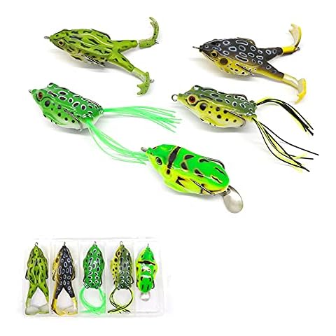 Eagou Diary 5pcs Frog Fishing Lures Kit with Hooks Double Propellers Baits for Bass Trout Pike Freshwater Saltwater Soft Robber Topwater Swimbait Weedless Crankbait with Tackle Box, 3.54 inch/pcs Cover