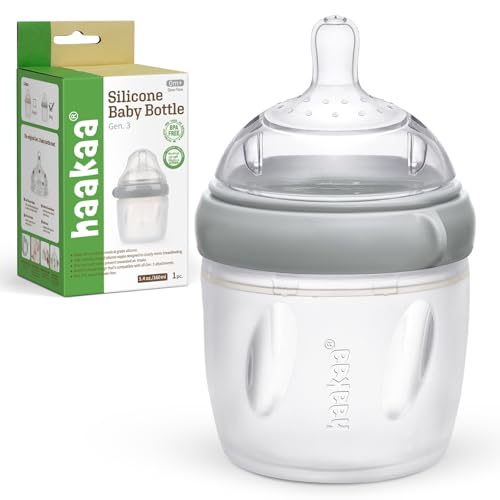 haakaa Gen. 3 Silicone Baby Bottle 160ml /5.4oz – Baby Bottles for Newborn 0M+, BPA-Free Breastfeeding Baby Bottle with Natural Latch, Slow Flow Anti-Colic Silicone Baby Bottle– Grey