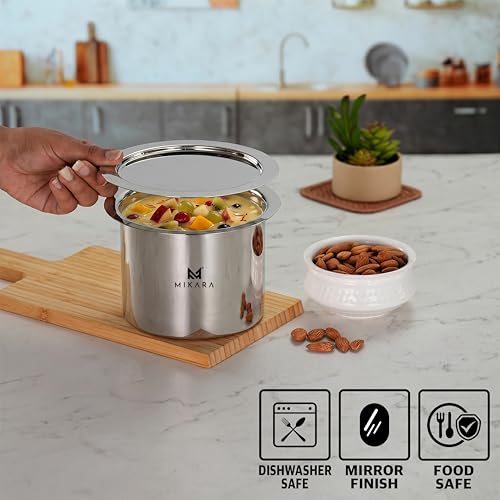 Image of MIKARA Stainless Steel Tope with Lid | Flat Bottom Patila | Heavy Duty Kitchen Cookware| for Gas & Induction Use| Strong, Durable & Multipurpose Cookware. Space Saving (650 ml)