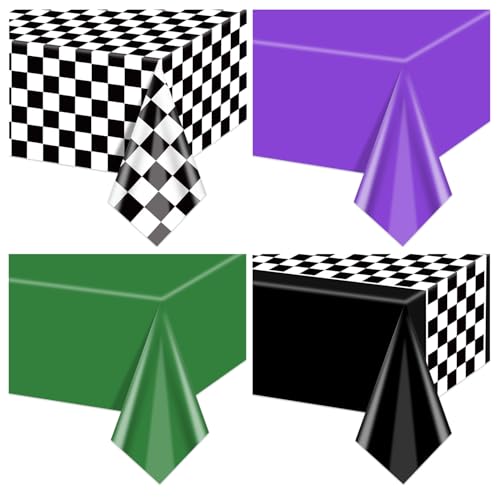 Lot de 4 nappes à carreaux en forme de voiture de course noir et blanc – 51 x 86,6 cm, nappe rectangulaire en plastique motif camion monstre vert et violet, décorations de table pour enfants, fête