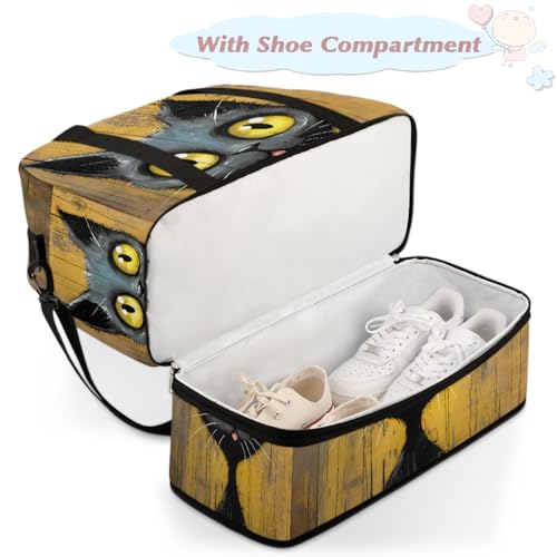 Black Art Cat Travel Duffle Bags With Shoes Compartment for Women Men Weekender Overnight Bag Foldable Sports Tote Gym Carry On Luggage Handlebag for Travel Yoga Hospital Workout4