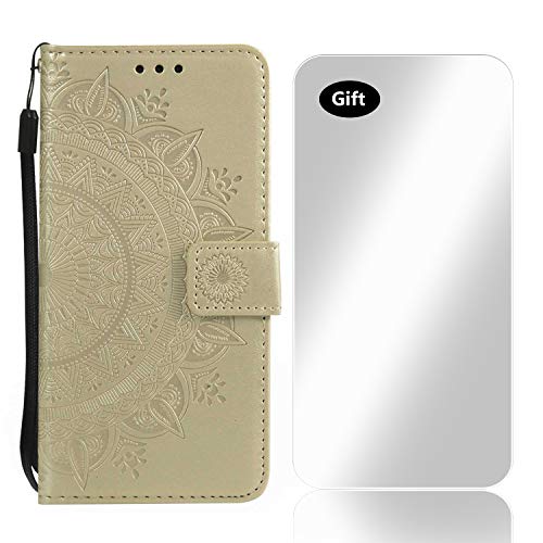 Cover iPhone XR, Bear Village® Custodia in Pelle, Goffratura Flip Custodia con Gratuito Pellicola Vetro Temperato e Funzione Stand per Apple iPhone XR (#8 Oro)