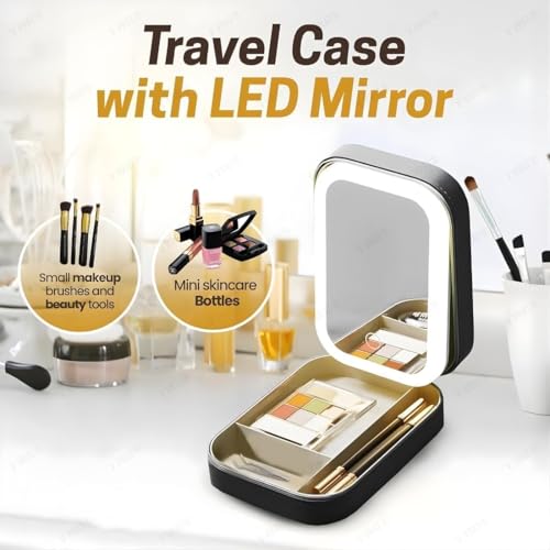 Image of Small Travel LED Makeup Mirror Case with 3 Adjustable Color Light Settings, Dust-Proof Jewelry Box, Mini Cosmetic Train Case Ideal for Short Trips, Cosmetic Bag with Mirror (Black)