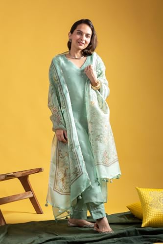 Image of Yashika Women Viscose Chanderi Fabric Straight Kurta, Pant and Dupatta Set | Kurta Set for Women