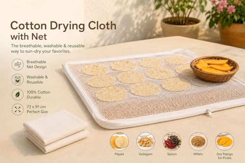 Image of Kuvru (Pack of 2) Cotton Drying Cloth with Net, Off White, 73 x 91 cm, Breathable, Washable, Reusable, for Papad, Vadagam, Spices, Millets and to Dry Mango for Pickle