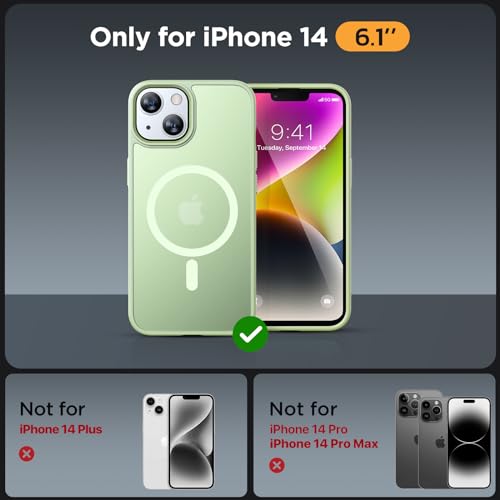 Image of Miracase Magnetic for iPhone 14 Case 6.1 inch (Compatible with MagSafe)(with 2X Screen Protectors) Military-Grade Protection, Anti-Fingerprint Translucent Matte Phone Case Cover, Light Green