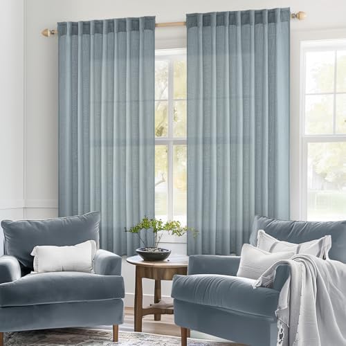 MIULEE Dusty Blue Linen Curtains 63 Inch Length 2 Panels for Bedroom Living Room, Soft Thick Linen Textured Kitchen Window Drapes Semi Sheer Light Filtering Back Tab Rod Pocket Burlap Look Decor