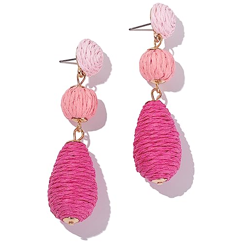 Boho Raffia Earrings Statement Dangle Earrings Cute Teardrop Ball Earrings Colorful Summer Jewelry Handmade Rattan Earrings for Women