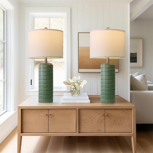 Image of PoKat 27.5 inch Dark Green Ceramic Table Lamps for Living Room, Farmhouse Table Lamps Set of 2 for Bedroom Night Stands, Modern Bedside Lamps for End Side Table, Vintage Nightstand Decor Lamps Home Office