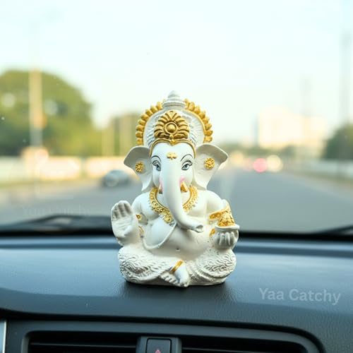 Image of White & Gold Ganesha Idol Car Dashboard Idol Ganesha Murti Ganpati Idol for Home Decor Pooja Lord Ganesh Statue Gift for Office Desk Pooja Room (Ganesha Resin White & Gold)