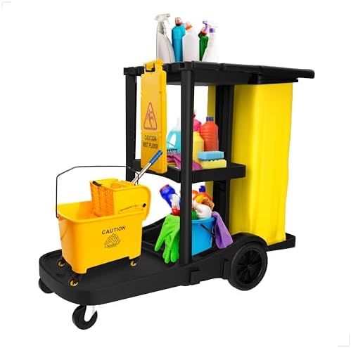 Berry Commercial Janitorial Cart with 3 Tier Shelves Professional Cleaning Trolley with Rubbish Bag with Lid and Mop Mount for Hotel, Restaurant, Office, Black