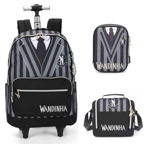 Mochila Escolar Rodinhas Wandinha Com Lancheira e Estojo Preto
