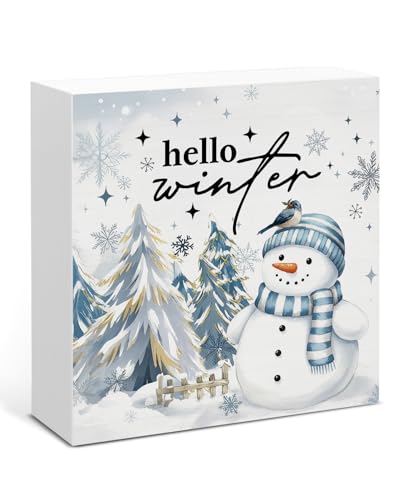 Image of Winter Decor, Blue Snowman Christmas Wood Box Sign, Seasonal Winter Holiday Decorations for Home Office Shelf 5 X 5 Inches