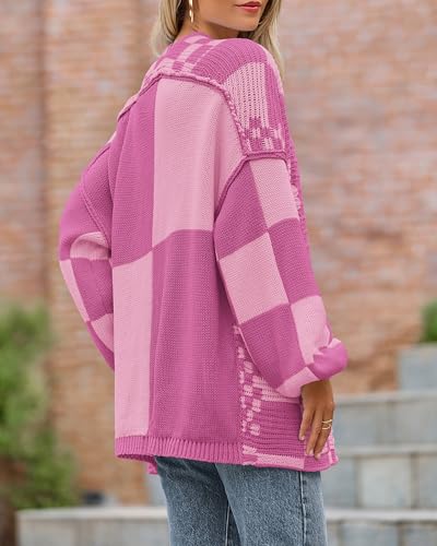 Image of BTFBM Casual Cardigan Sweater for Women Fall 2026 Long Sleeve Open Front Chunky Knit Sweaters Checkered Outwear Coat