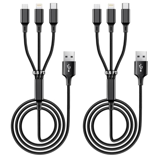 Multi USB Charging Cable 3A, (2Pack 6.6FT)3 in 1 Fast Charger Cord Connector with Dual Phone/Type C/Micro USB Port Adapter, Compatible with Tablets Phone 12 11 Pro 8 7 6 Samsung Galaxy(Charging Only)