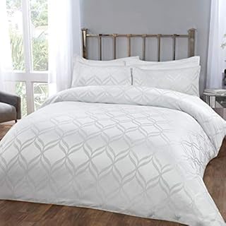 Sleepdown Super Soft Curved Geometric Luxury Lurex Jacquard White Easy Care Cosy Duvet Cover Quilt Bedding Set with Pillowcases - Double (200cm x 200cm)