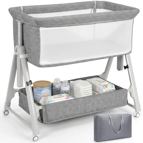 Image of Cowiewie Baby Bassinet Bedside Crib,3-in-1 Baby Bassinet with Comfy Mattress & Wheel,Easy Folding Portable Bedside Bassinet for Baby with Storage,Travel Bag,Breathable Mesh,Stable & Secure,Light Grey