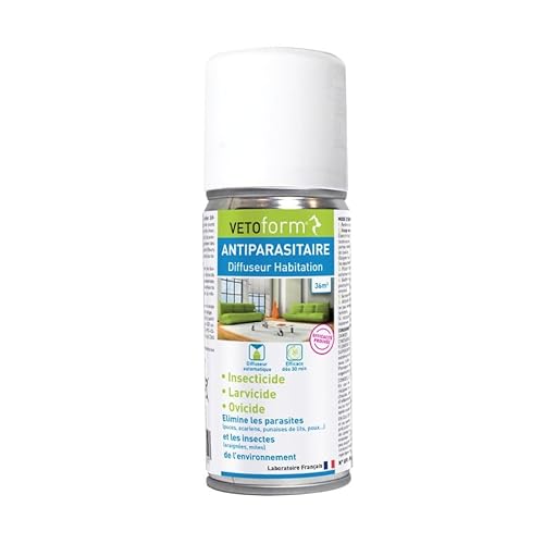 VETOFORM | Insecticide habitat | spray diffuseur | Puces, Tiques, Punaises de lit | 150 ml | 36m² | Efficacité Prouvée | Fabriqué en France