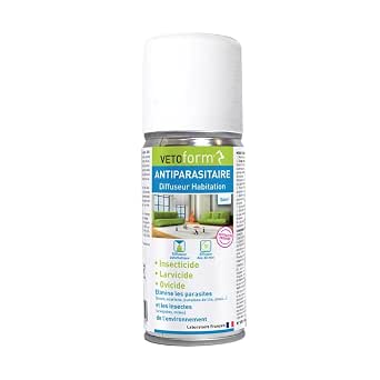 Vetoform | Insecticide Habitat | Spray diffuseur | Puces, Tiques, Punaises de lit | 150 ML | 36m² | Efficacité Prouvée | Fabriqué en France