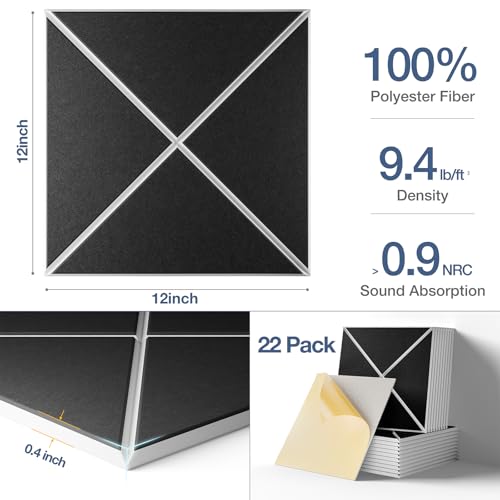 Image of 22 Pack X-Line Design Acoustic Panels, 12 inch X 12 inch X 0.4 inch Self-Adhesive Sound Proof Foam Panels for Walls, Soundproof Wall Panels for Home & Office (Black on White)