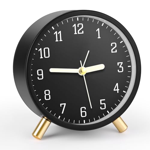 Gerbala Reloj Despertador Analógico, Silencioso Reloj Despertador para Niños, Reloj Despertador de Metal Redondo de Moda con Luz Nocturna para Oficina, Dormitorio, Ancianos, Adultos, Niños (Negro)