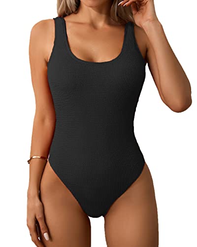 Limeeke Women One Piece Swimsuit Solid Ribbed Monokini Swimwear Scoop Neck Low Back Bathing Suit3