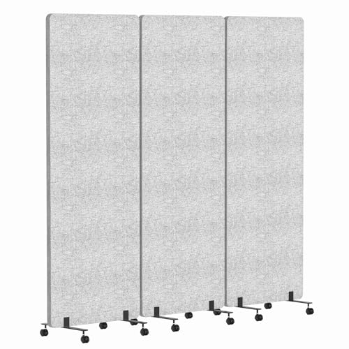 Soundproof Room Divider with Wheels, 72 x 66 Inch Freestanding Room Partition Wall, Portable Temporary Wall, 3 Panel Acoustic Screen, Cubicle Privacy Panels for Office, Study, Classroom (Light Grey)