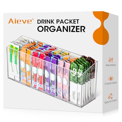 AIEVE Drink Packet Organizer, Water Drink Packet Holder with Removable Divider, Water Flavor Packet Organization Container for Kitchen Organizers and Storage (6 Compartments)
