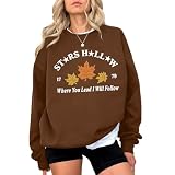 KIEKIECOO Womens Crewneck Sweatshirt Fall Leaf Vintage Graphic Sweatshirts Letter Drop Shoulder Long Sleeve Pullover Tops(Brown,2XL)