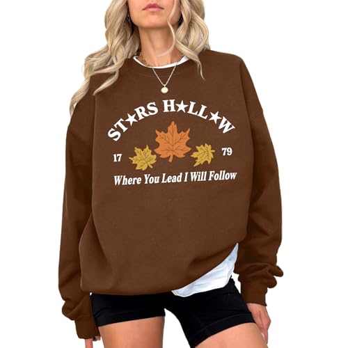 KIEKIECOO Womens Crewneck Sweatshirt Fall Leaf Vintage Graphic Sweatshirts Letter Drop Shoulder Long Sleeve Pullover Tops(Brown XL)