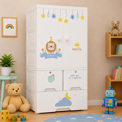 Image of Kids Plastic Collapsible Wardrobe Organizer for Storage with Drawers | Cute Cartoon Design | Heavy Duty Runner Rug Floor Mat Carpets Organizer Bedroom, Living Room (SJ-Lion, 1+3-Door)