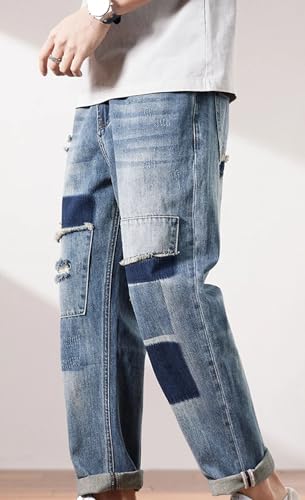 Men’S Urban Loose Fit Patchwork Tear Denim Cargo Pants Button Fly Distressed Wear Resistant Full Length Jeans3