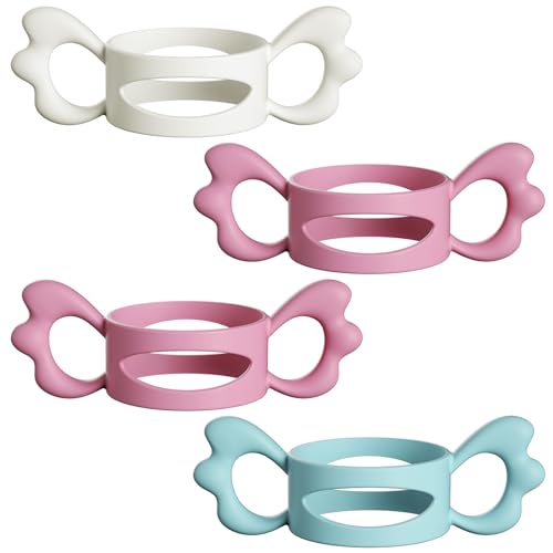 FAREVER Baby Bottle Handles, Silicone Wide-Neck Baby Bottle Handle, Easy Grip Bottle Outer Diameter Over 6cm for Bottle White Pink Pink LightBlue,Angel wing（4 Pack）
