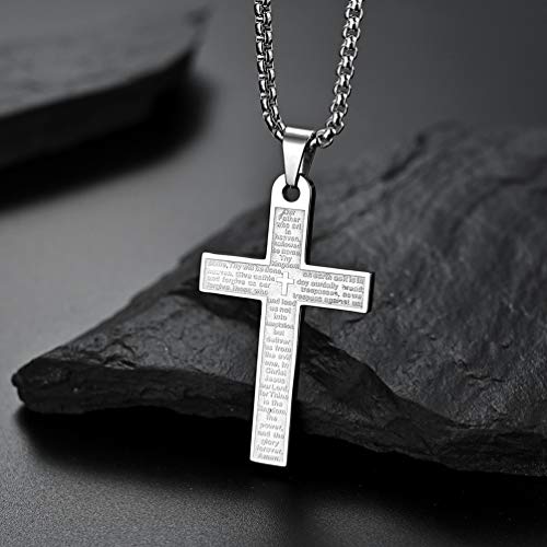 Makeztsd Bible Cross Necklace For Women Men, Stainless Steel Lord's Prayer Pendant Necklace, Delicate Necklace Of Faith, 24In Chain (Silver) #TOP2
