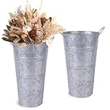 12 Inch Galvanized Metal Vases for Flowers - 2 Pcs Farmhouse Decorative Tall Flower Bucket with Handles, Rustic French Tin Planter Buckets for Wedding Decor (Silver)