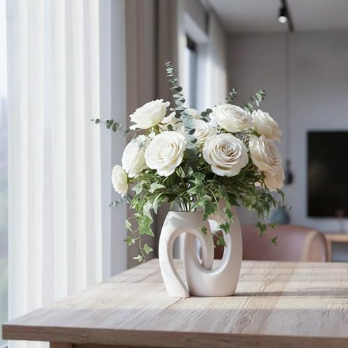 Ceramic Vase Set of 2 by DecoVlog, White Hollow Living Room Decor Vase, Minimalist Decorative Modern Boho Vase for Table Centerpiece Wedding Dining Living Room Office House Decoration - Image 3