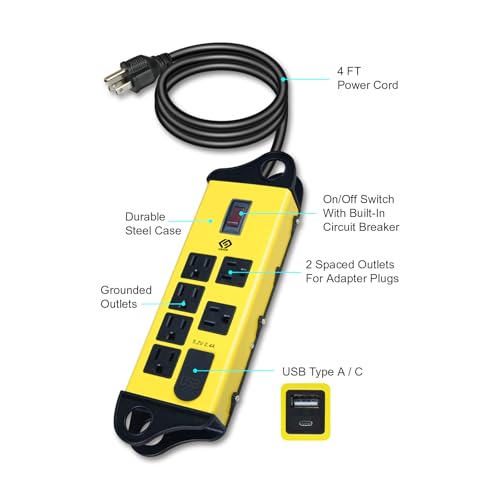 OSKOS Multitoma de 6 tomas con cable de 1.22 m, 2 puertos USB 2.4A (1A1C), 15A/1800W, montaje en pared, UL Listado, diseño metálico miniatura 6