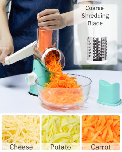 X Home Rotary Cheese Grater, Manual Cheese Grater With Handle, Mandoline Vegetables Slicer Cheese Shredder With Strong Suction Base, 3 Drum Blades Cheese Shredder Included, Easy To Use And Clean, Blue #TOP2