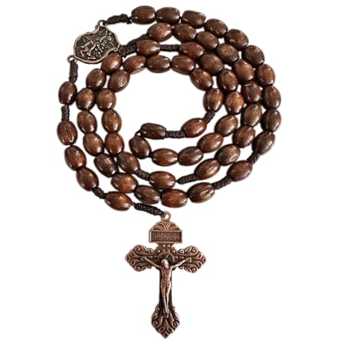 Image of Bovemee Saint Benedict Medal Prayer Pocket Rosary Catholic Brown Wood Beads with Medalla de san benitol and Crucifix, 9 Inch