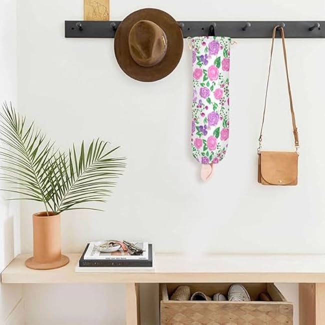 xigua Floral Roses Plastic Bag Holder Wall Mount with Drawstring 1 Pack, Reusable Grocery Bag Organizer Decor for Bags, Socks, Underwear, And Neckties