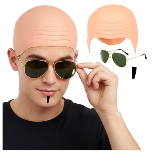 Kit Cosplay Chauve avec Lunettes Noires et Fausse Barbe pour Déguisement Adulte