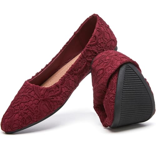 HEAWISH Womens Black Flats Flower Embroideried Lace Ballet Flats Pointed Toe Comfortable Dress Shoes for Women(Wine US8)