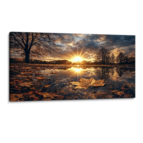 Canvas Wall Art Prints Autumn Sunset Reflection Sunburst Fallen Leaves