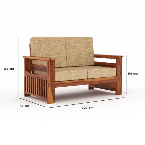Image of Sheesham Wooden 2 Seater Sofa for Living Room | Rosewood 2 Seater Cushion Sofa Side Half Moon Rack | Solid Wood Sofa Set for Lounge (2 Seater,Honey)